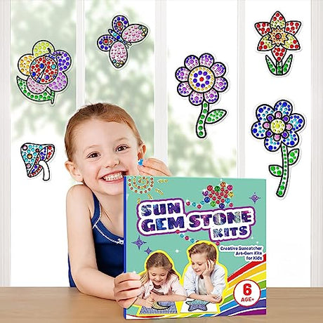 Window Suncatcher Gem Art Diamond Painting Kits for Kids - Fun Arts & Crafts 6 Sheets Flowers Gem Art Painting Kits by Numbers for Girl, Birthday atydkug