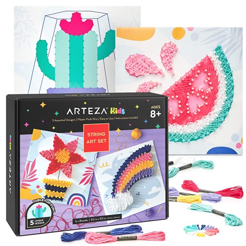 Arteza Kids String Art Kit, Set of 5 Assorted Designs, Plastic Pushpins, Art Supplies for Kids Craft Projects and Free Time Activities - WoodArtSupply