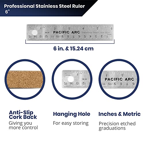 Pacific Arc Stainless Steel 6 Inch Metal Ruler Non-Slip Cork Back, with Inch and Metric Graduations Pacific Arc