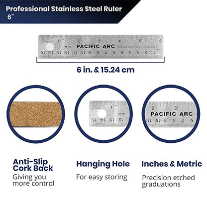 Pacific Arc Stainless Steel 6 Inch Metal Ruler Non-Slip Cork Back, with Inch and Metric Graduations - WoodArtSupply