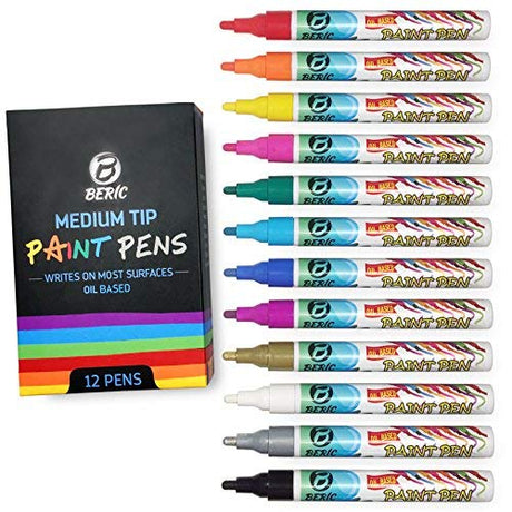 Premium Paint Pens by Beric 12 pack, Oil-based Paint Marker, Medium Point, Writes on Almost Anything, Water and Sun Resistant Vibrant Colors Low Odor Beric