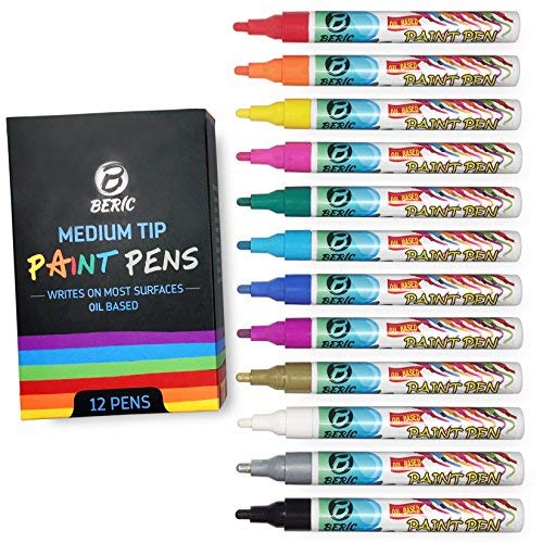 Premium Paint Pens by Beric 12 pack, Oil-based Paint Marker, Medium Point, Writes on Almost Anything, Water and Sun Resistant Vibrant Colors Low Odor - WoodArtSupply