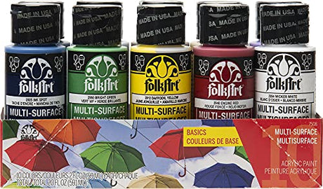FolkArt Color, 10 Bottle Multi-Surface Acrylic Paint Set, 2oz, Basics FolkArt
