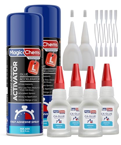 Magic Chems CA Glue with Activator (4x1.7 oz + 2x13.5 fl oz), CA Glue for Woodworking, Cyanoacrylate Glue and Activator, Super Glue for Wood (2 Pack) Magic Chems