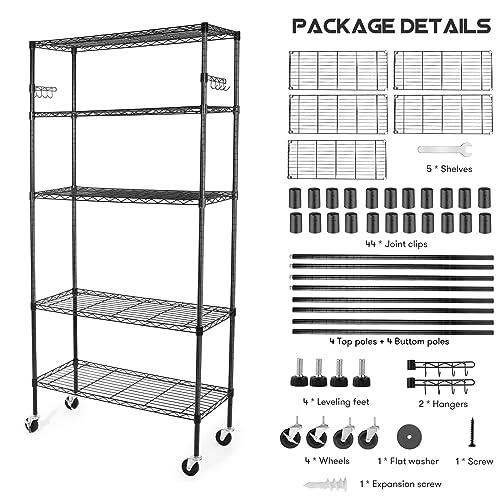 YNN Storage Shelves, 5 Tier Heavy Duty Adjustable Shelves with Wheels 350 Pounds Loading Capacity per Shelf Storage Metal Shelf 36" W x 14" D x 72" H YNN