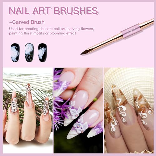 Nail Art Brushes, WLOT Nail Art Tools Double Ended Nail Art Design Pen, Builder Gel Brush, Striping Nail Art Brushes for Long Lines, 3D Nail Drawing