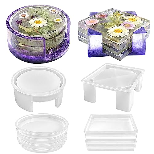 RESINWORLD Resin Coaster Molds Set, Upgrade 10 pcs Silicone Coaster Molds Kit Storage Box Mold for Resin Casting, Square Round Coaster Epoxy Resin ResinWorld