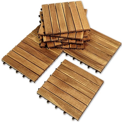 Solid Wood Interlocking Flooring Tiles (Pack of 10, 12" x 12"), Acacia Deck Tiles, Floor Tiles for Both Indoor and Outdoor Use, Waterproof All