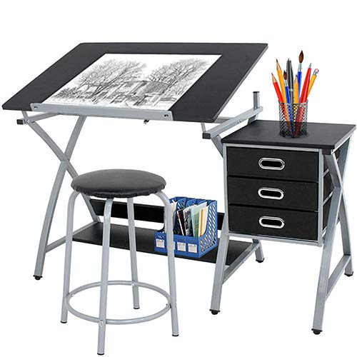 HomGarden Adjustable Drawing Desk Drafting Table Folding Art Craft Table Station w/Stool and 3 Storage Drawers HomGarden