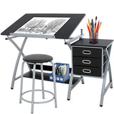 HomGarden Adjustable Drawing Desk Drafting Table Folding Art Craft Table Station w/Stool and 3 Storage Drawers HomGarden