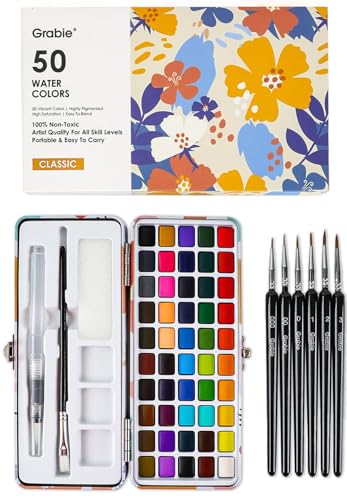 Grabie Watercolor Paint Set, Great for Painting, 50 Colors, Detail Paint Brush Included, Art Supplies, for Artists, Amateur Hobbyists and Painting Grabie