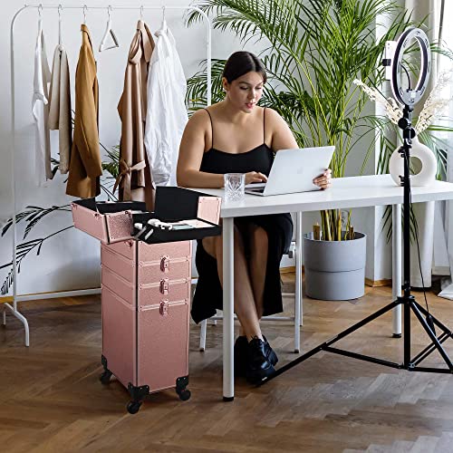 BYOOTIQUE Rolling Manicure Table 4in1 Makeup Train Case Foldable Nail Desk Cosmetology Case on Wheels with Built-in Dust Collector for Technician AW