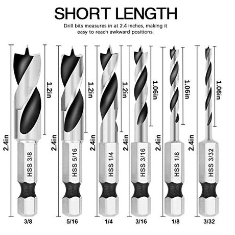 COMOWARE Brad Point Stubby Drill Bit Set for Wood, 6pcs HSS 4241 Steel with 1/4-Inch Quick Change Hex Shank COMOWARE