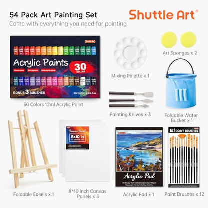 Shuttle Art 54 Pack Acrylic Paint Set, Acrylic Painting Set with 30 Colors Acrylic Paint, Wooden Easel, Painting Canvas, Paint Brushes, Palette, Art