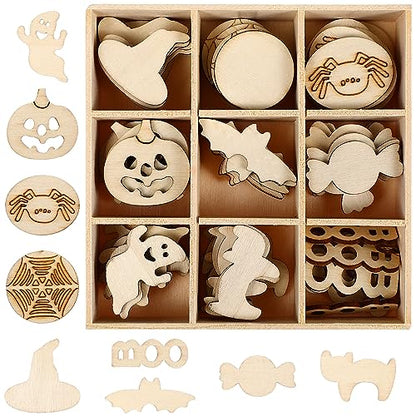 Healifty 72Pcs Halloween Wooden Slices Blank Wooden Tags Halloween Cutouts Shapes Crafts Ornaments Embellishments Halloween Centerpiece Holiday Party