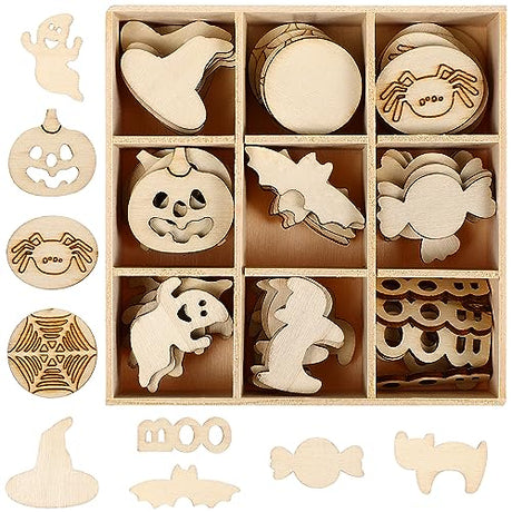 Healifty 72Pcs Halloween Wooden Slices Blank Wooden Tags Halloween Cutouts Shapes Crafts Ornaments Embellishments Halloween Centerpiece Holiday Party Healifty