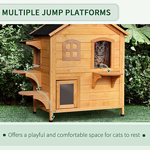 PawHut 2-Story Cat House Outdoor, Weatherproof Wooden Cat Enclosure for Feral Cats with Escape Door, Openable Roof, Jumping Platforms, Natural - WoodArtSupply