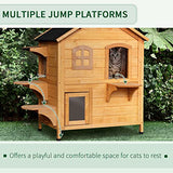 PawHut 2-Story Cat House Outdoor, Weatherproof Wooden Cat Enclosure for Feral Cats with Escape Door, Openable Roof, Jumping Platforms, Natural PawHut