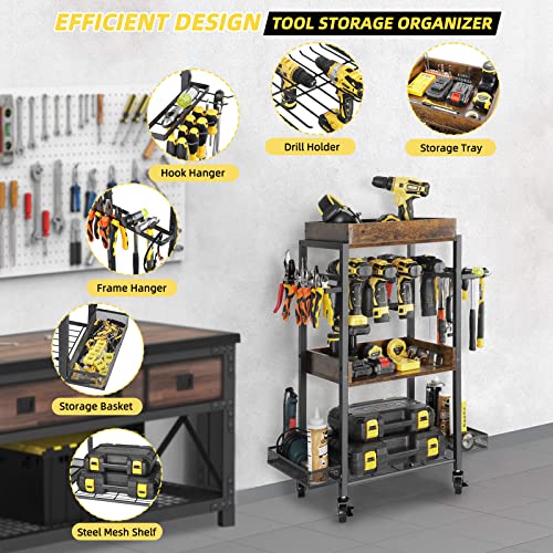 Power Tool Organizer Garage Storage Organization Shelving Tool Holder Drill Rack Shelf Rolling Cart Open Tool Chest Cabinet Box Organizer with Wheels Olakee