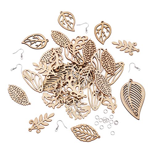 FASHEWELRY 80Pcs Unfinished Leaf Wooden Earrings Pendants 8 Styles Natural Filigree Hollow Wood Leaf Charms with 80Pcs Jump Rings & 80Pcs Earring - WoodArtSupply