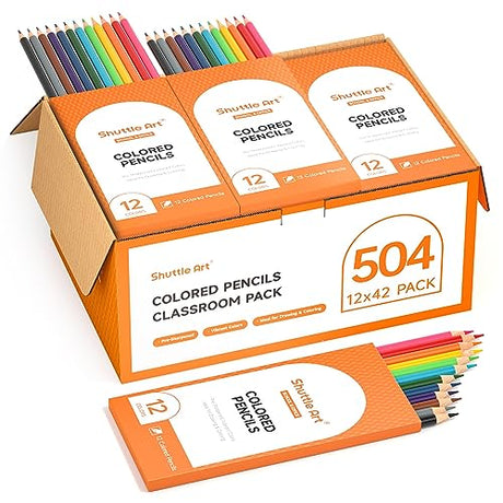 Shuttle Art 504 Colored Pencils Bulk, 12 Vibrant Colors, Pack of 42, Pre-sharpened Coloring Pencils, Wood Colored Pencils for Kids Teachers, Shuttle Art