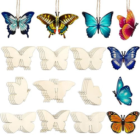Whaline 54 Pieces Unfinished Wooden Butterfly Cutouts with Holes and Hemp Rope DIY Blank Butterfly Shape Hanging Ornaments Embellishments Wooden Whaline