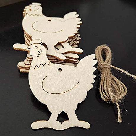 JANOU 20pcs Hen Shaped Wood DIY Craft Cutouts Chicken Unfinished Wood Gift Tags Ornaments with Ropes for Wedding Birthday Happy Easter Party JANOU