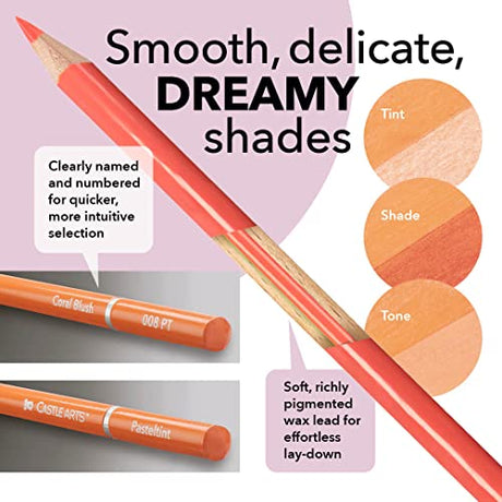 Castle Art Supplies 48 Pasteltint Colored Pencils Set with Extras | Quality Colors in Softer, Sumptuous Tones | For Professional and Adult Artists | Castle Art Supplies