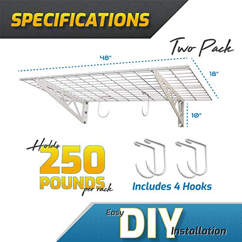 MonsterRax | Garage Wall Shelf Two-Pack White or Hammertone | Three Size Options | Includes Bike Hooks | 500lb Weight Capacity (White, 18"x48" or MonsterRax