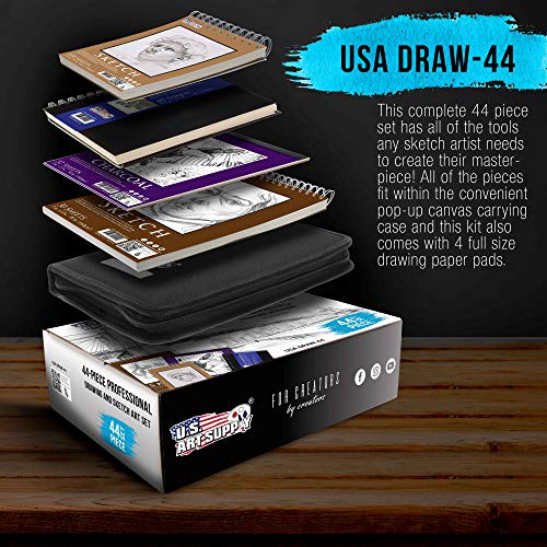  U.S. Art Supply 54-Piece Drawing & Sketching Art Set with 4  Sketch Pads (242 Paper Sheets) -Ultimate Artist Kit, Graphite and Charcoal  Pencils & Sticks, Pastels, Erasers - Pop-Up Carry