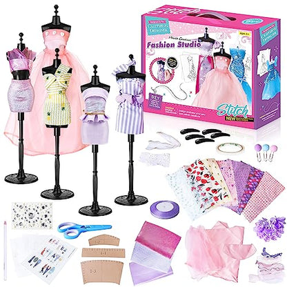 deAO Fashion Design Kit for Girls with 5 Mannequins Creativity DIY Arts & Crafts Toys Doll Clothes Sewing Kit Kids Learning Toys Girl's Craft - WoodArtSupply