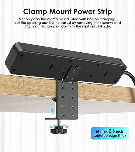 JUNNUJ Clamp Power Strip Standing Desk with 30W USB C, 2 in 1 Clip Desktop Surge Protector Edge Mount Outlet with 6 Individual Switches, Fit 2.6 inch JUNNUJ
