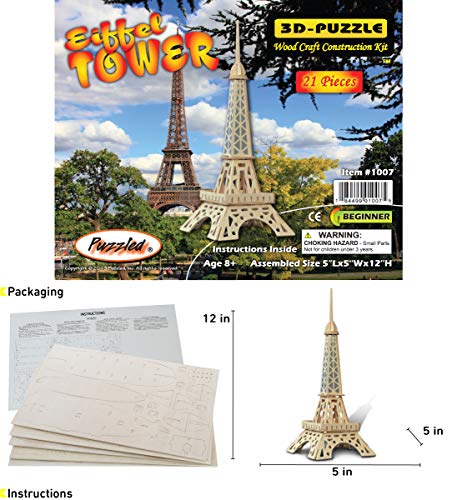 Puzzled 3D Puzzle Eiffel Tower - Wood Craft Construction Model Kit - Fun & Educational DIY Wooden Toy Assemble Model Unfinished Crafting Hobby Puzzle - WoodArtSupply