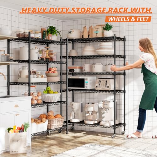 REIBII 73''H Storage Shelves 1780LBS Wire Shelving Unit with Wheels 5 Tier Metal Shelving,Heavy Duty Metal Shelves for Storage Rack,73''HX35''WX15''D REIBII