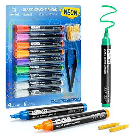maxtek Neon Dry Erase Markers for Glass, Window Markers for Dry Erase Board, Chalkboard, LED Note Board, Acrylic Refrigerator Calendar, Chisel Tip, maxtek