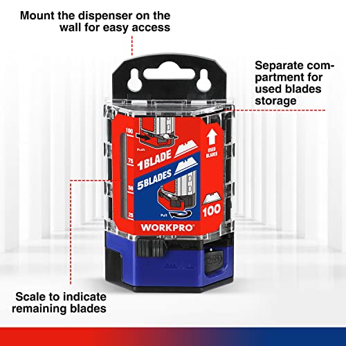 WORKPRO Utility Knife Blades, 100-Pack Utility Blades Replacement with Dispenser, SK5 Carbon Steel, Red WORKPRO