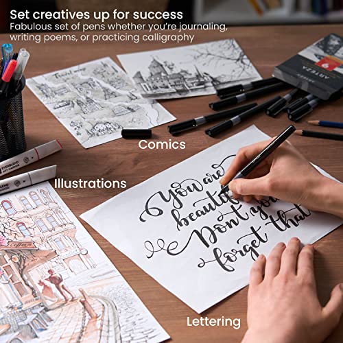 ARTEZA Micro-Line Ink Pens, Set of 9, Black Fineliners with Japanese Archival Ink, Art Supplies for Comic Artists and Illustrators ARTEZA