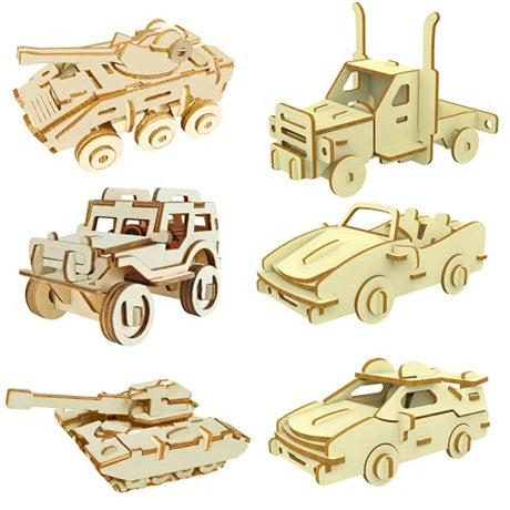 3D Wooden Puzzle - 6 Piece Set Wooden Car Brain Teaser Puzzle - DIY Assembly Car Building Model Kits - Wood STEM Toys Gifts for Kids and Adults Teens i-CHONY