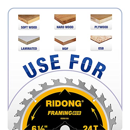 RIDONG 6-1/2 Inch Circular Saw Blade, 24-Tooth with 5/8" Arbor ATB Framing Saw Blade for Cutting Wood (6.5" 1-Pack) RIDONG