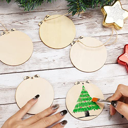 20PCS DIY Christmas Wooden Ornaments, Unfinished Wood Christmas Tree Ornaments, DIY Crafts Blank Unfinished Round Wooden Ornaments, Farmhouse