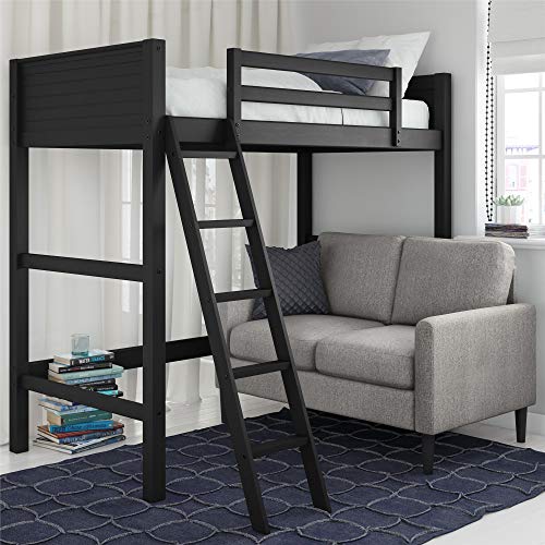 DHP Moon Bay Black Wooden Loft Bed for Kids - Twin Size with Ladder and Guardrails DHP