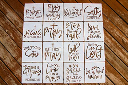 16PCS Christian Faith Stencils with Quotes and Bible Verses, Inspirational Word Stencil Set, Ideal for Painting on Wood, Canvas, Walls, Furniture, Porches, Front Doors, and More - 8 x 8 Inches