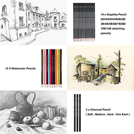 Heshengping, Sketching Pencil Set Drawing Pen Charcoal Sketch Kit Cover Graphite Pencils Charcoal Pencils Watercolor Pencils Paper Erasable Pen Heshengping