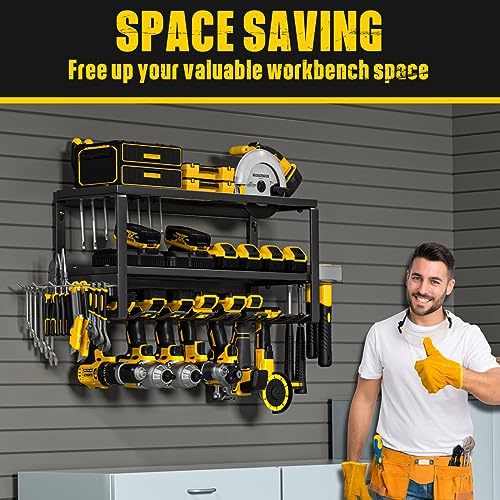 MOOMSINE Power Tool Organizer, Storage Rack for Garage Organization, Wall Mount Cordless Drill Holder and Battery Shelf, Tools Shelves with Charging MOOMSINE