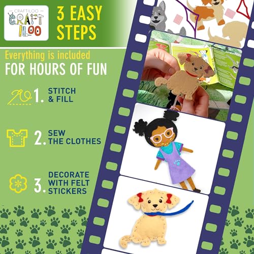 CRAFTILOO 8 Pre-Cut Dogs Stuffed Animal Fun Kids Sewing Kit for Kids Ages 8-12 Children Beginners Sewing kit Kid Puppy Crafts Felt Pillow Plush Craft CRAFTILOO