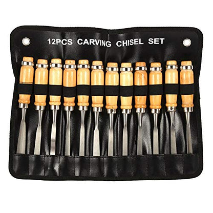 Wood Chisel Tool Set, 12pcs Woodworking Chisels Wood Carving Tools Trimming Down Wood Woodworking Lathe Gouges Tools with Roll-Up Carrying Case for