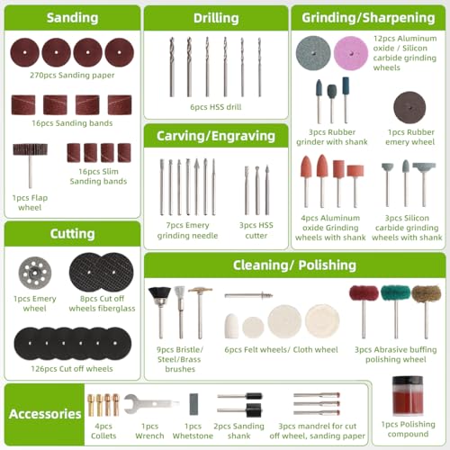 Huepar Tools Rotary Tool Accessories Kit, 510Pcs Accessories Kit,1/8 inch(3.2mm) Diameter Shanks, Universal Accessories for Easy Cutting, Sanding, Huepar Tools