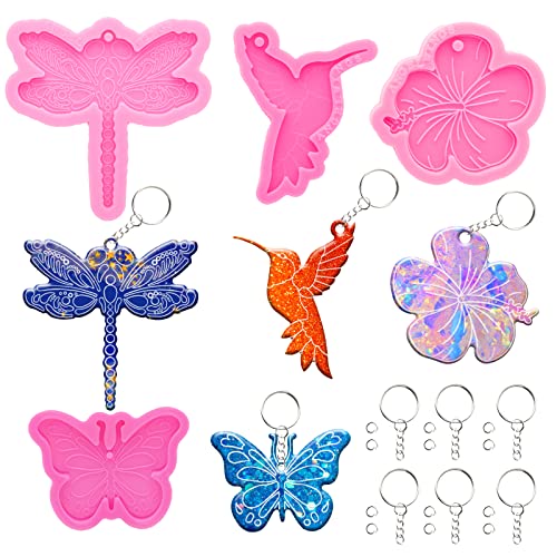 64Pcs Epoxy Resin Molds Kit, Bird Dragonfly Butterfly Cherry Flower Shape Silicone Molds for Resin Epoxy Casting Molds with Hole, Keychain and Jump - WoodArtSupply