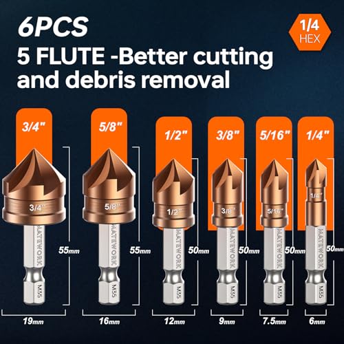 Matework Countersink Drill Bit Set, M35 Cobalt HSS Countersink Drill Bits 6 Pieces 1/4 Inch Quick Change Hex Shank for Metal, Wood, Stainless Steel, Matework