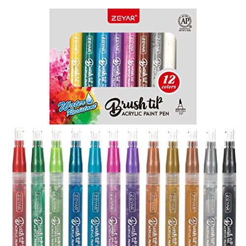 ZEYAR Acrylic Paint Pens, Brush Tip, Water based, Metallic Colors, Writes on Paper, Rock, Rubber, Ceramics, Wood, Glass and more (12 Metallic Colors) - WoodArtSupply